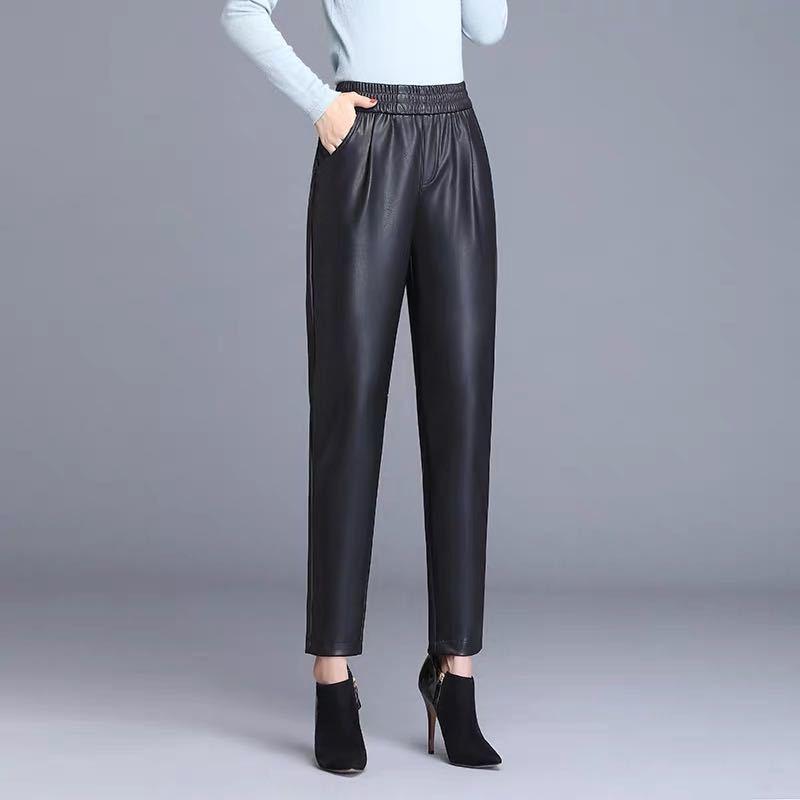 2023 Autumn/Winter Women's High-Waisted Plus Velvet Leather Harem Pants - Loose Wide-Leg, Cropped, Thickened