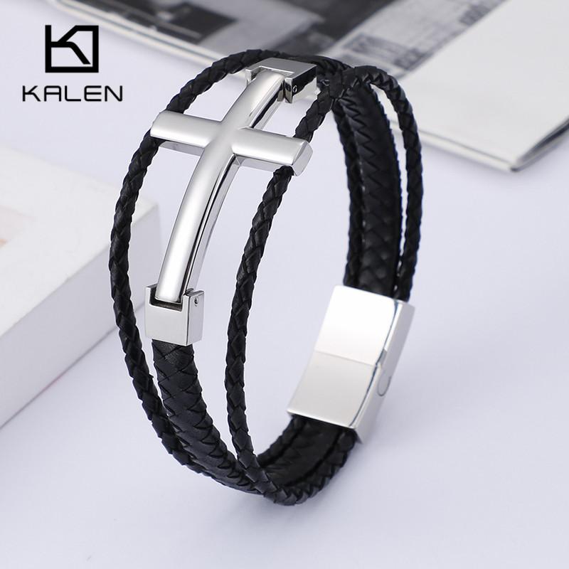 

Triple Layered Cowhide Leather Bracelet Men Stainless Steel 22cm Cross Charm Armband Male Fashion Jewelry 2020 22cm