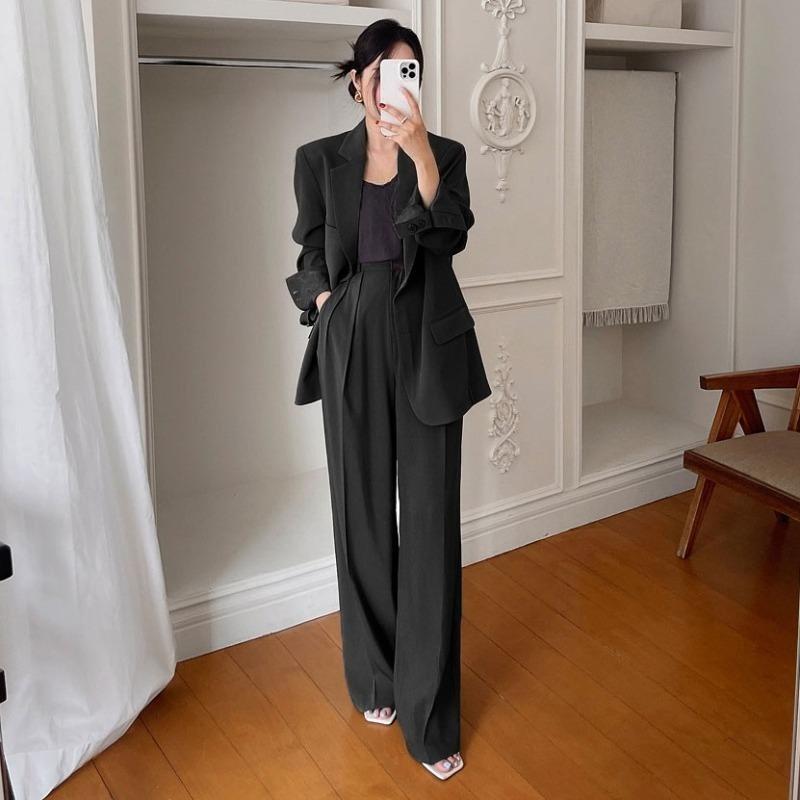 High End Women Suit Set British Style Spring Autumn Wide Leg Pants Two Piece Outfit Korean Minimalist Fashion