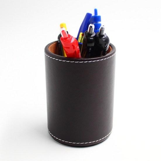 Pen Container Large Capacity Wear Resistant Smooth Edge Simple Style Compact Size Save Space Faux Leather Round Pen Holder Desktop Stationery Storage