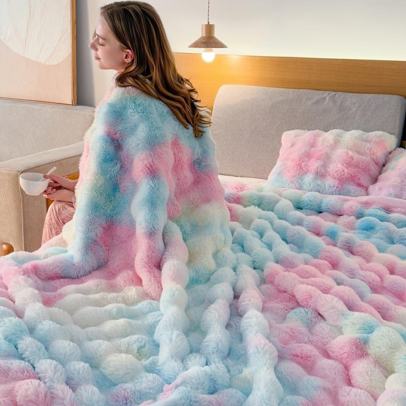 Tie Dye Faux Fur Blanket Double Sided Thick Bubble Velvet Soft Plush Throw Warm Cozy for Sofa Office Nap Bed Home Travel All Season Blanket