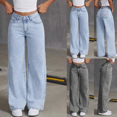 Bow Embroidered Jeans Sweet And Spicy  High Waist Straight Loose Trousers