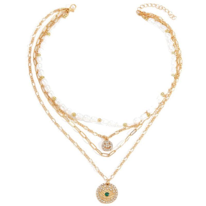 Temperament cold wind imitation pearl necklace retro light luxury diamond-encrusted smiley face devil's eye multi-layer necklace