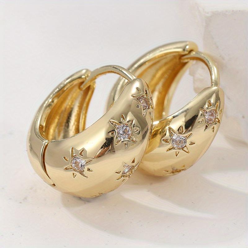 Vintage Sparkling Star-shaped Carved Synthetic Zirconia Inlaid Hoop Earrings for Women  Party Festival Jewely Accessories