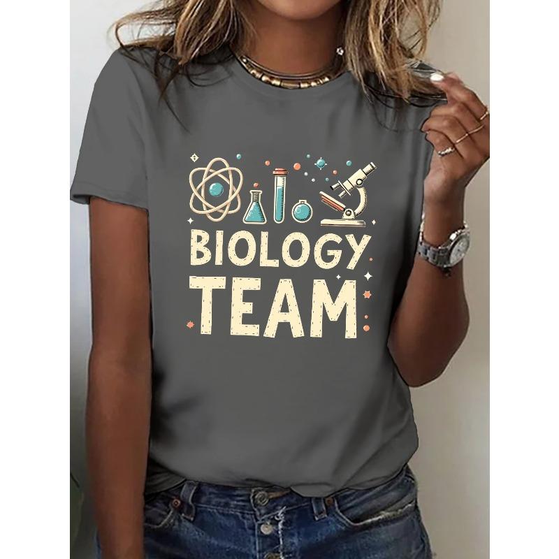 Short-Sleeve Crew Neck Casual Top Featuring A Microscope and Biology Team Theme, Perfect for Summer and Spring, Designed for Women