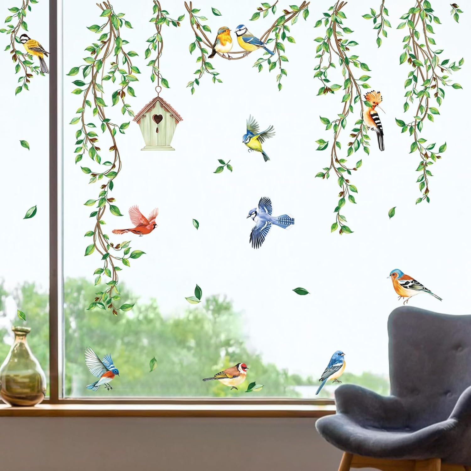 Decalmile Весна Лето Подвесные Зеленые Лозы Двусторонние Наклейки на Окно Птицы Листья Деревьев Наклейки Анти-Столкновение Стеклянные Наклейки