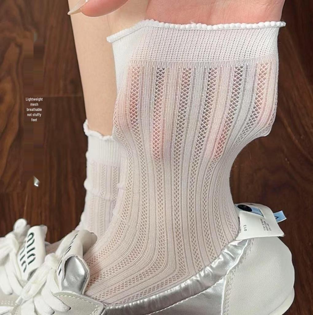 Women's Korean Style Summer Mesh Long Socks - Breathable, Solid Color, Versatile Mid-Calf Length