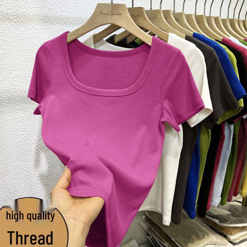 2025 Summer Trendy Plus Size Square Neck Slim Fit Short Sleeve Women's T-shirt