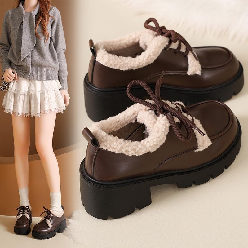 Loafers platform-soled velvet single shoes women's 2025 autumn and winter new fluffy shoes thick heel cotton shoes warm lace-up small leather shoes