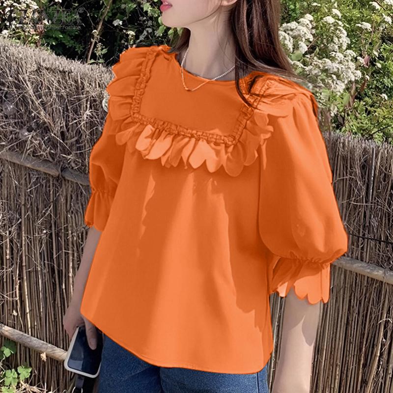 ZANZEA Women Summer Fashion Round Neck Wave Edge Lantern Short Sleeve Blouses