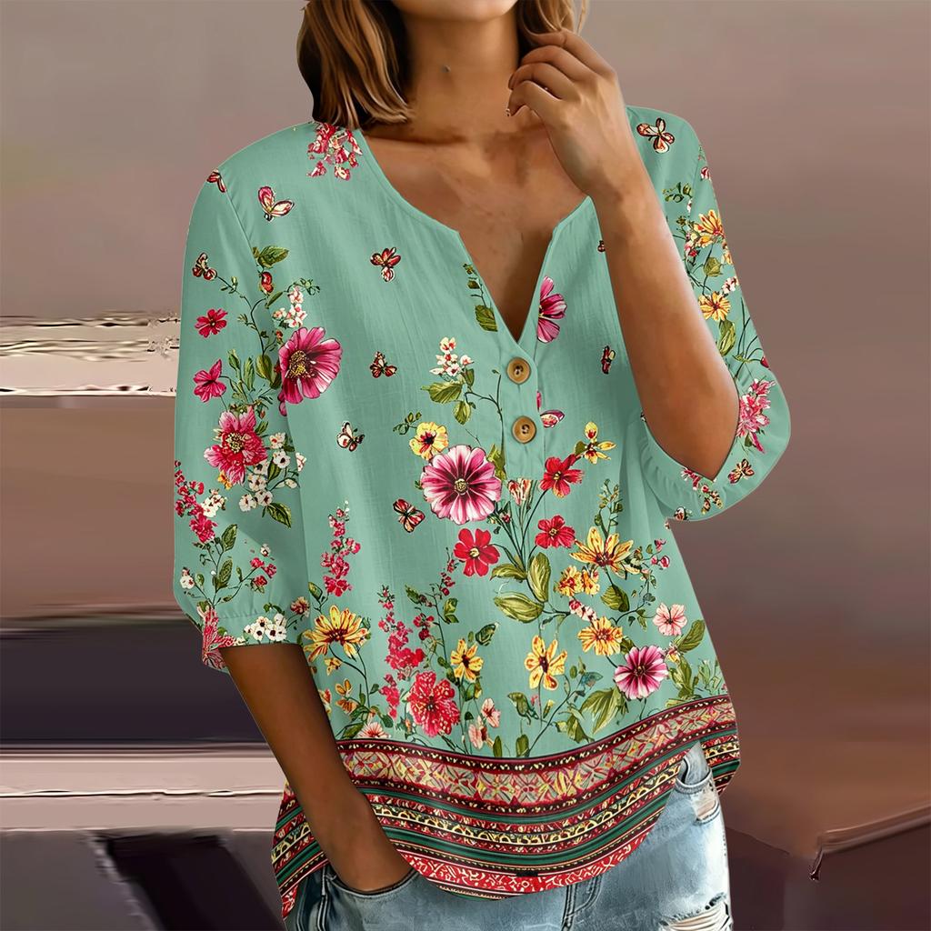 Women's Floral Print Henley Neck Button Front Shirt Three Quarter Sleeve Cotton Linen Blouse Casual Loose Fit