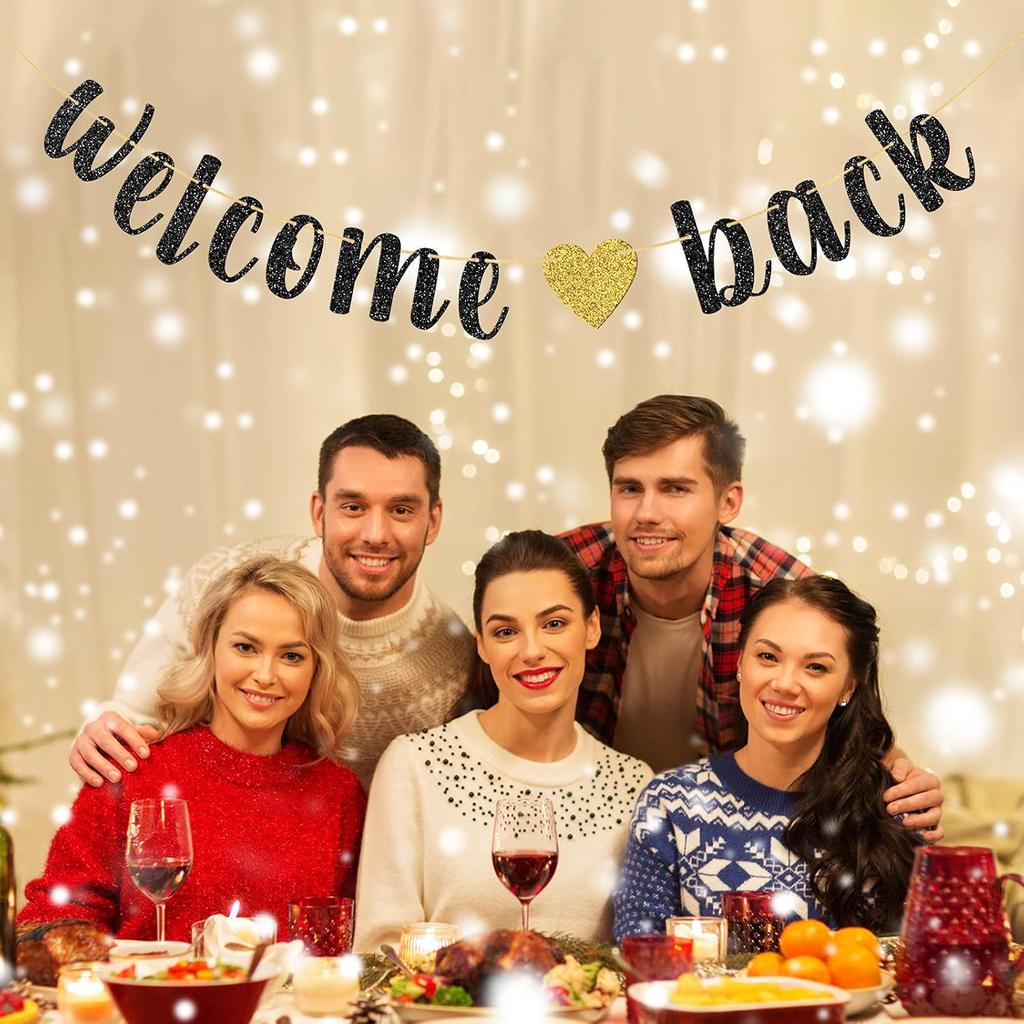 Welcome Back Banner, Returning Home Party Supplies, Happy Retirement Sign, Welcome Home Theme, Back To School Party Decorations Black Glitter