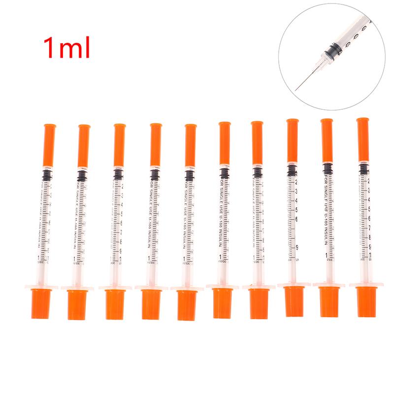 10Pcs 1Ml Disposable Plastic Sterile Insulin Syringe Orange Cap Plastic Liquid Dispenser