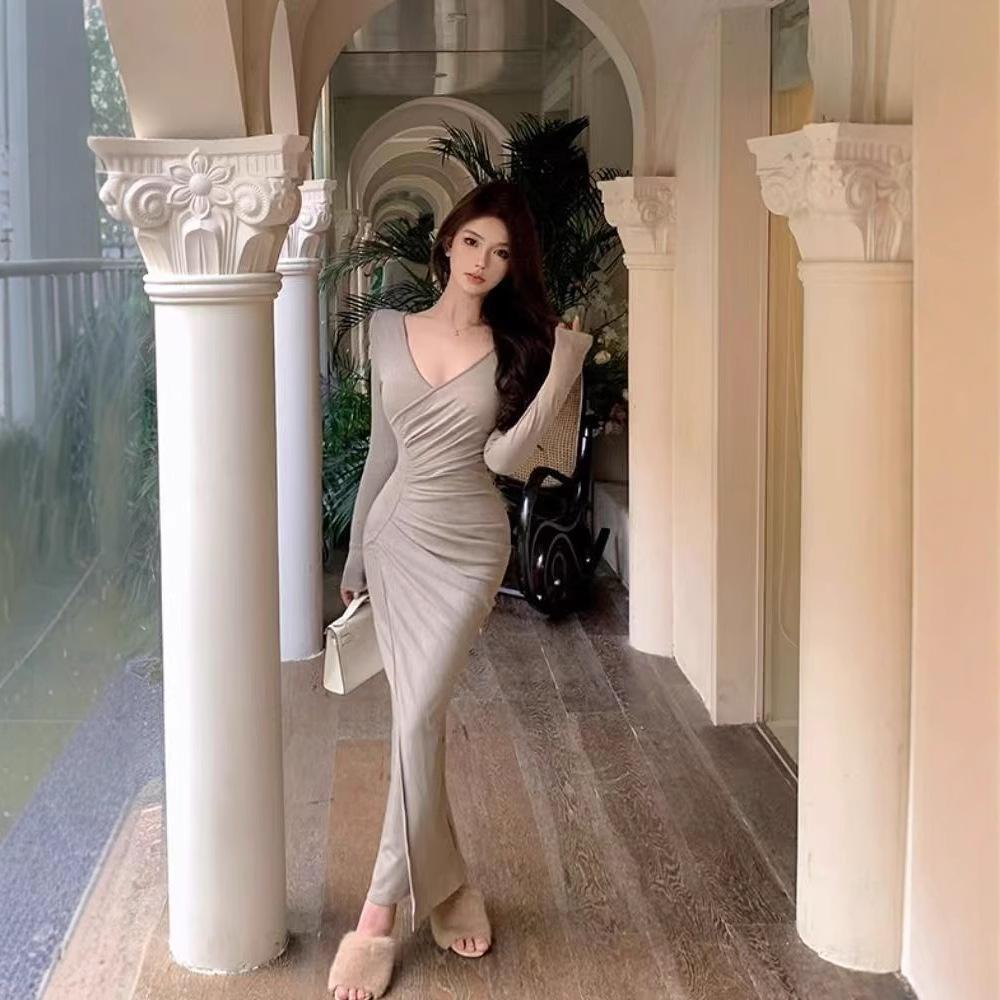 Pure desire style long-sleeved temperament dress autumn slim-fitting tight mid-length waist split skirt long dress