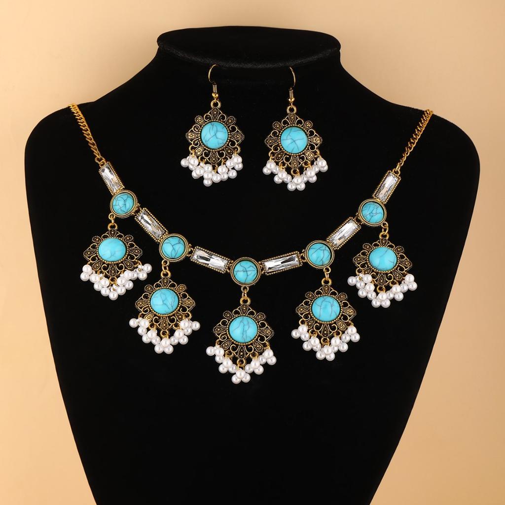 Bohemian Vintage Crystal Rhinestone Necklace and Earrings Set for Women , Geometric Ethnic Style Jewelry