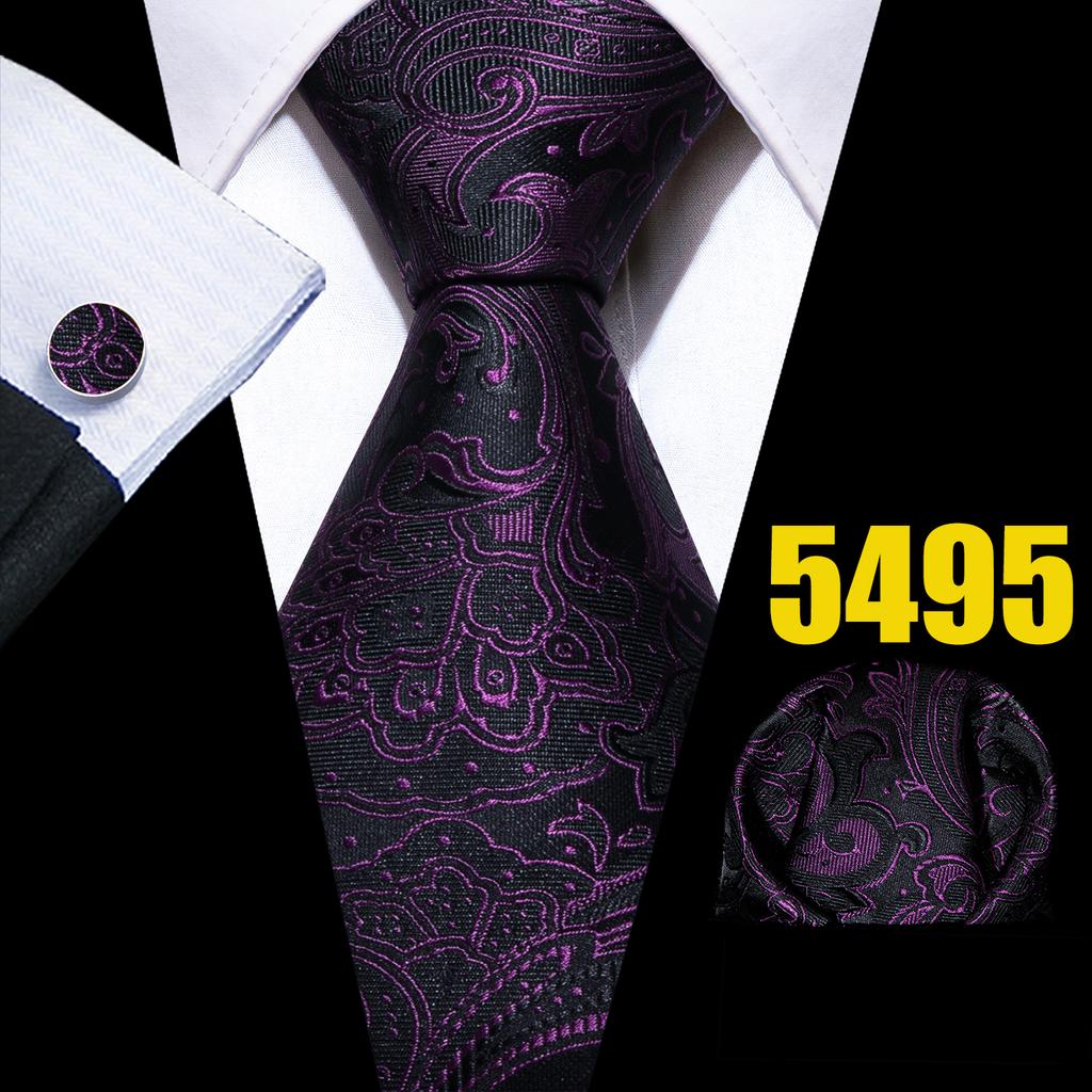 Barry.Wang Necktie Hankerchief Cufflinks Set Black Green Striped Jacquard Woven Wedding