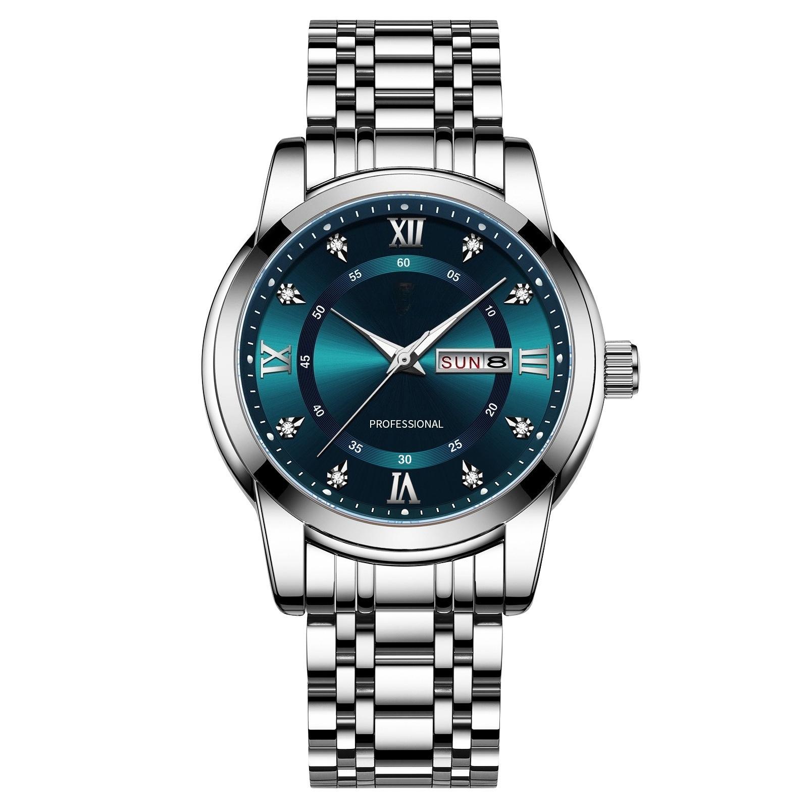 

Кварцевые часы для мужчин со стразами, римскими цифрами, водонепроницаемые наручные часы, двойной календарь, часы из нержавеющей стали