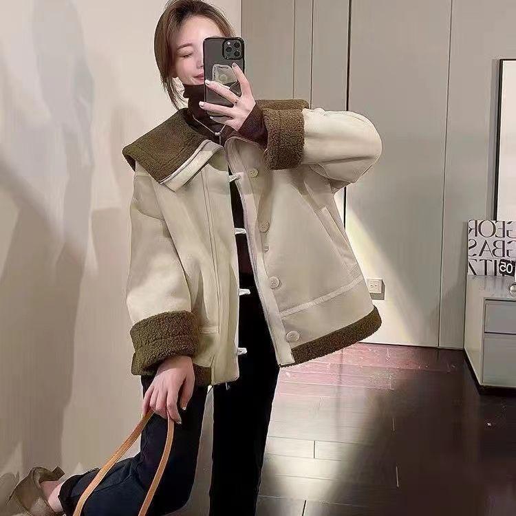 2024 Women's Korean Style Cold-Proof Fur-Integrated Motorcycle Jacket, Petite Fit, Plus Velvet