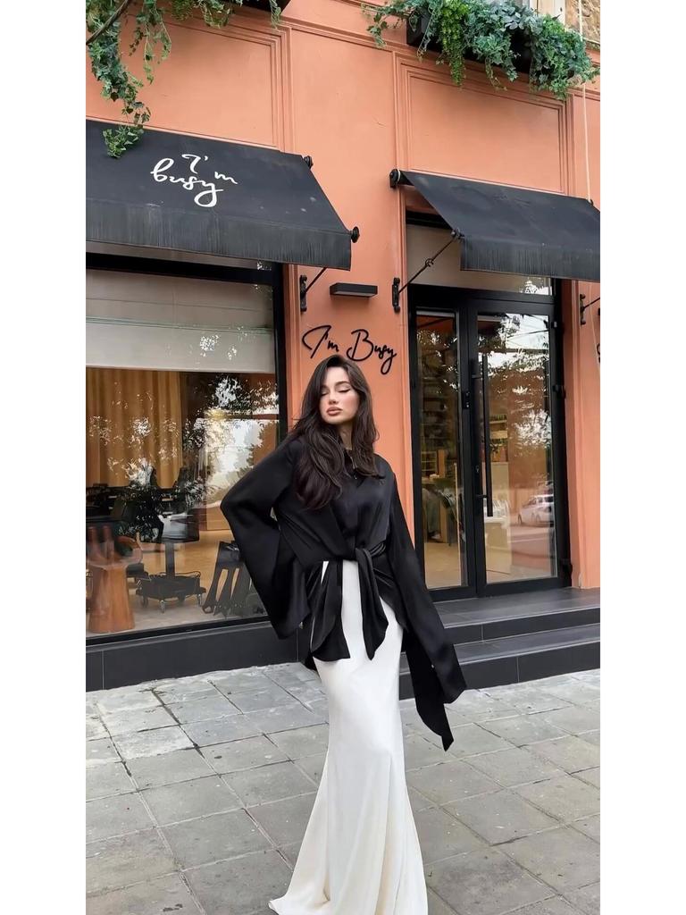 Elegant Satin Long-Sleeve Shirt & Midi Skirt Set for Women 2024