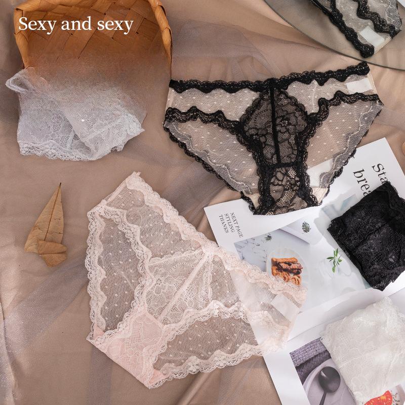 Lace Underwear Women's Ice Silk Breathable Seamless Sexy Briefs Mesh Seducing Pure Cotton Low Waist Triangle Panties