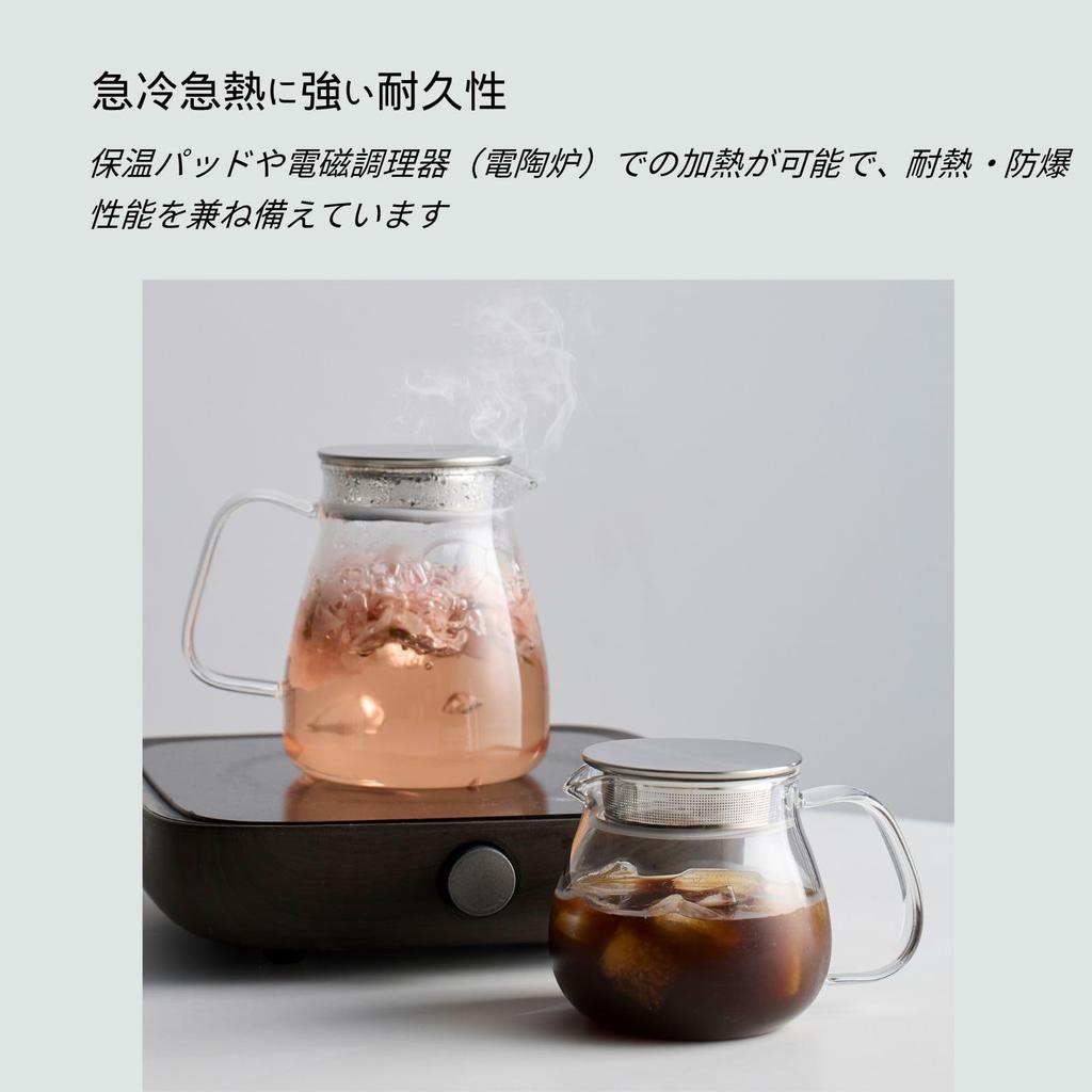 OULOVECO Glasteekanne mit Edelstahlfilter, Transparente Teekanne für heißes und kaltes Wasser, Rutschfester Deckel, Großer Griff, Geeignet für Heißgetränke