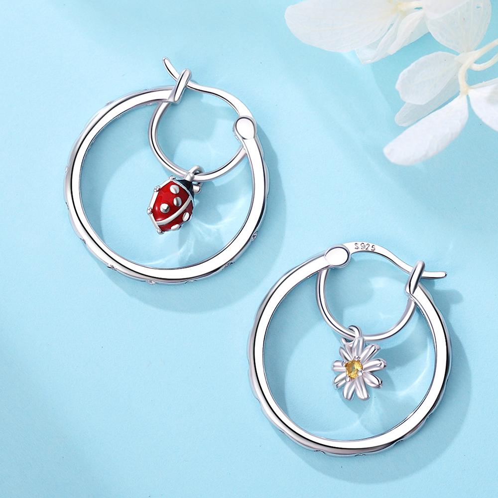 

925 Silver Hoop with Beetle & Daisy on Inner Ring Earrings Luxury Jewelry Gift For Female Girl Party Fashion Pendientes
