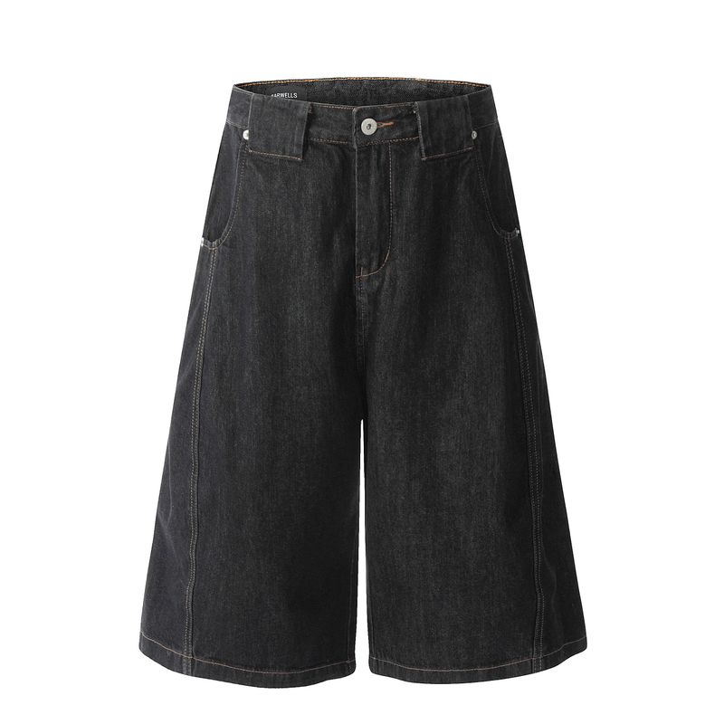 Blaeixit American Profile Original Cow Color Baggy Cropped Jeans Men's Loose Casual Black Wide Leg Shorts