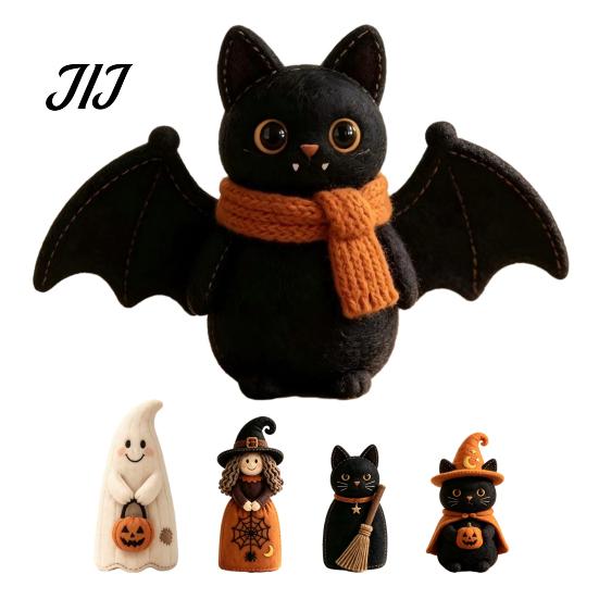 Rustic Autumn Tiered Tray Decor Halloween Wooden Witch Statue, Retro Felt Style Black Cat Ghost Decorative Figures Bat for Shelf Desk, Spooky Festive
