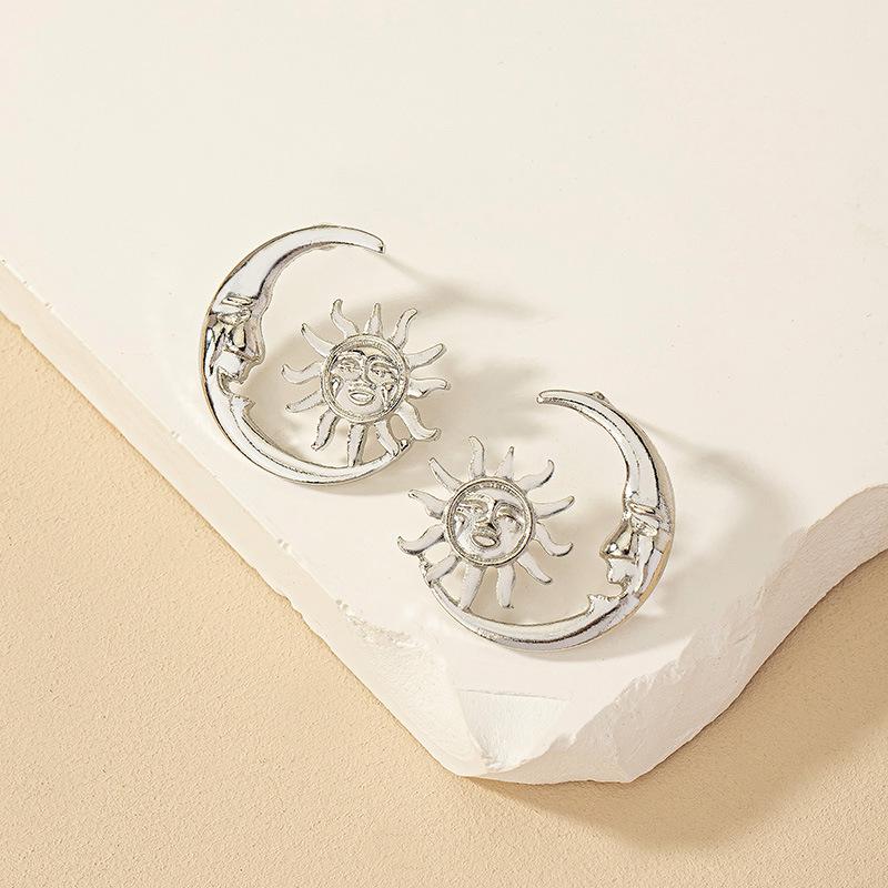 Korean Style Sun and Moon Retro Stud Earrings for Women