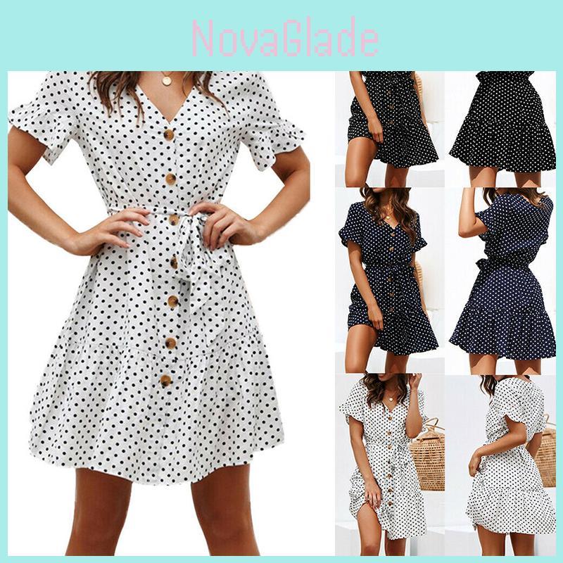 Timeless Ladies Womens Polka Dot V-neck Short Sleeve Summer Shirt Dress In Premium Quality