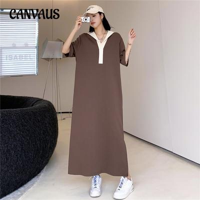 Summer Casual Loose Plus Size Women's Lapel Splicing Long Dress