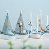 1Pc Mini Mediterranean Style Marine Nautical Wooden Blue Sailing Boat Ship Wood Crafts Ornaments Party Room Home Decoration