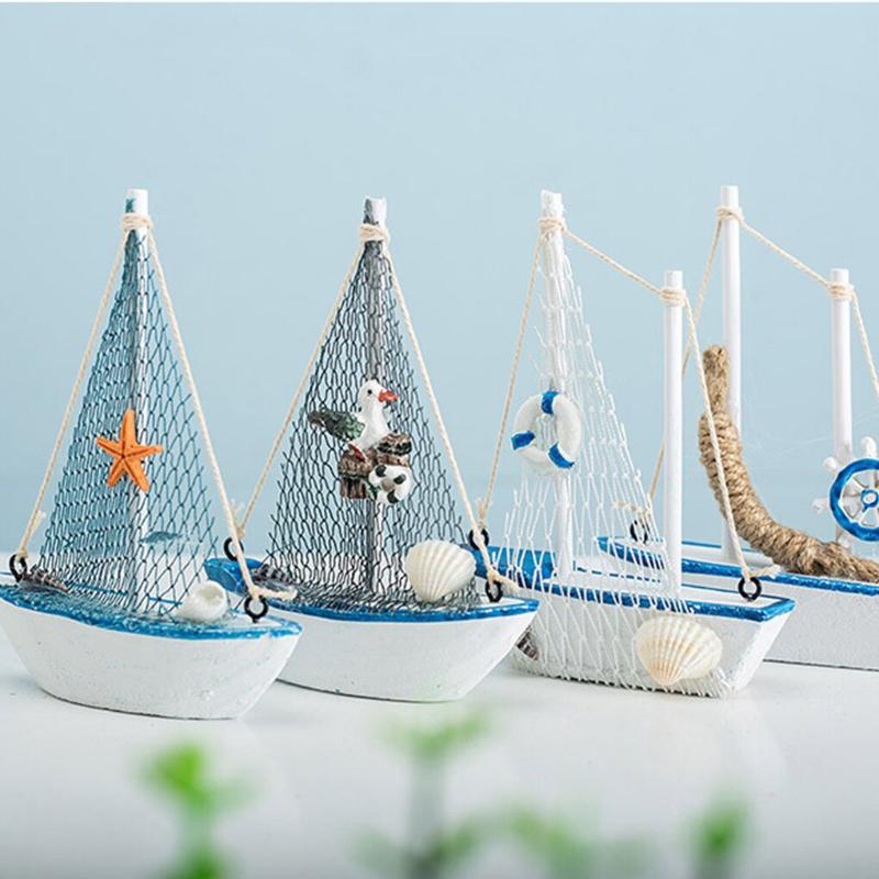 1Pc Mini Mediterranean Style Marine Nautical Wooden Blue Sailing Boat Ship Wood Crafts Ornaments Party Room Home Decoration