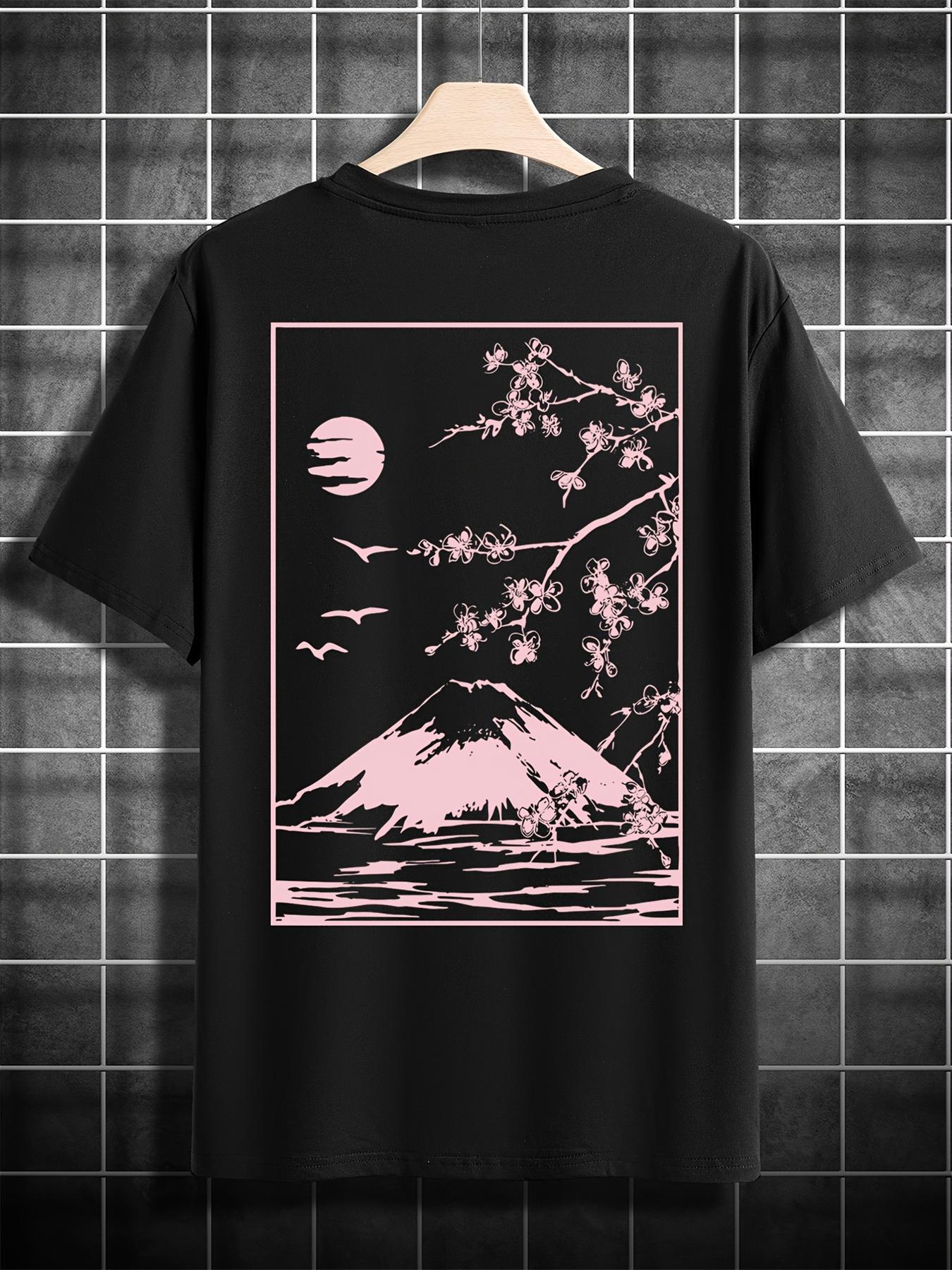 

Men s summer 100% pure cotton fashionable casual loose fit Fuji Mountain pattern printed round neck short sleeved T-shirt top S разноцветный