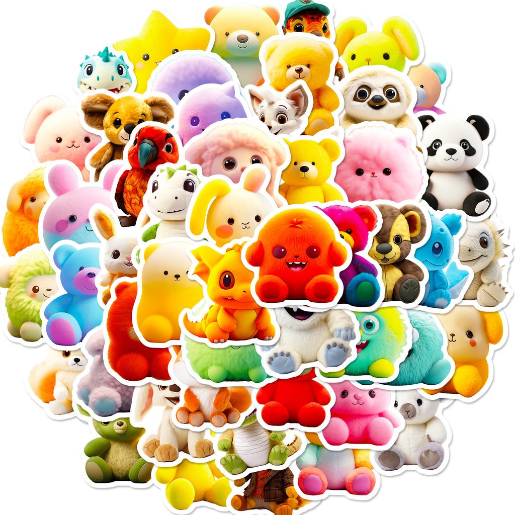 50KS Roztomilých plyšových hraček Kreslená zvířátka Graffiti Samolepky DIY Telefon Kytara Notebook Kufr Hrnek Vodotěsná Samolepka Dětská Hračka
