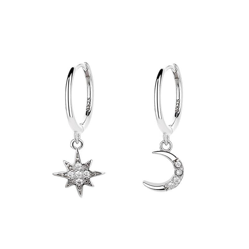 Earrings Femininity High-End Zircon Light Luxury Cross Star And Moon Asymmetric Ear Buckle Jewelry