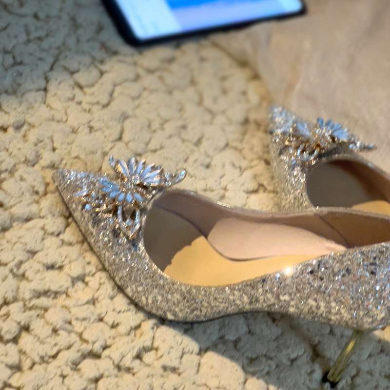 Zhang Qingqing same bow wedding shoes main wedding dress rhinestone crystal shoes bride shoes adult ceremony high heels 2025