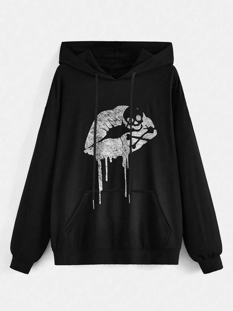 Magic Lips Print Hoodie Women Warm Fleece Hoody Fashion Casual Comfortable Sweatshirts Autumn Loose Street Woman Sportswears