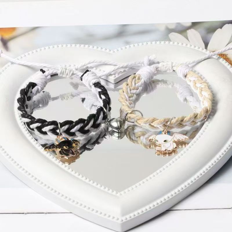 Adjustable Black and White Toothless Cartoon Cute Couple Magnet Bracelet with Magnetic Attraction for Friends