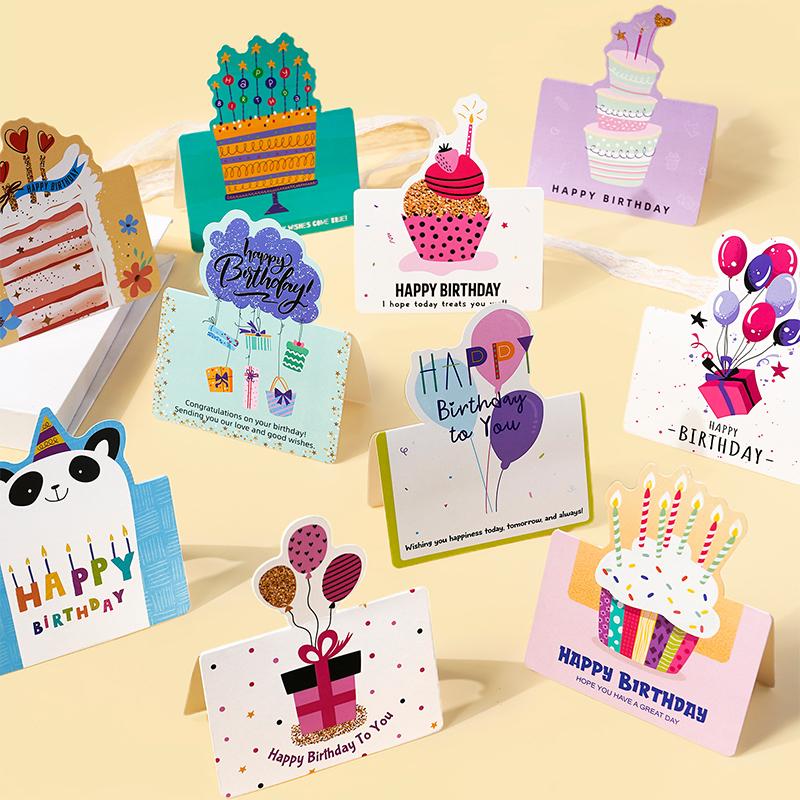 10 Birthday Cards, 3D Small Size Cartoon, Simple Folding, Handwritten Blessing Message, Birthday Card