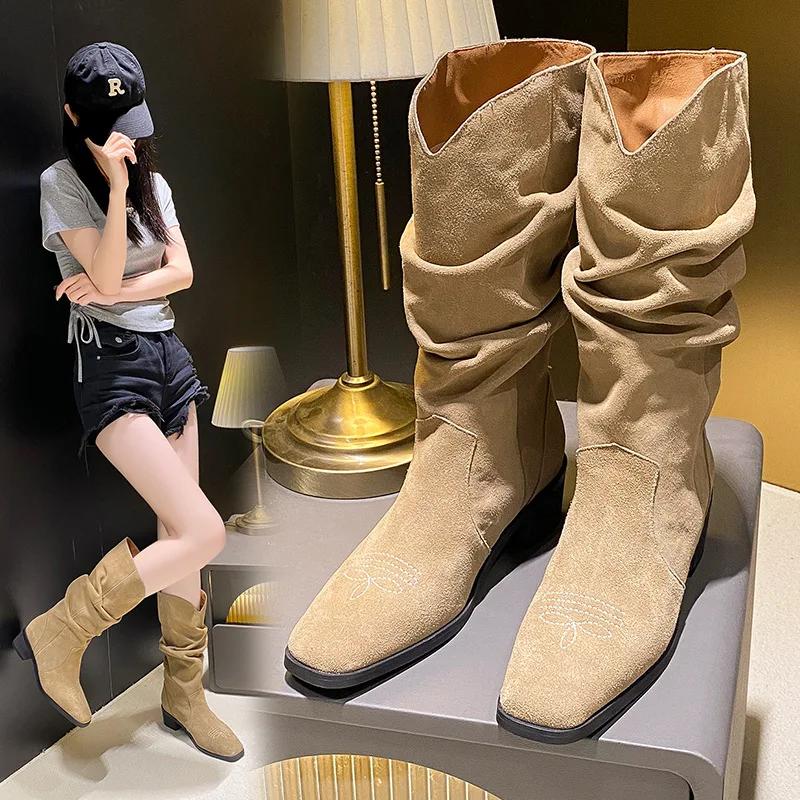 Mid-Calf Boots Women Flat Shoes Spring Autumn Women High Boots Long Western Cowboy Boots Women Footwear