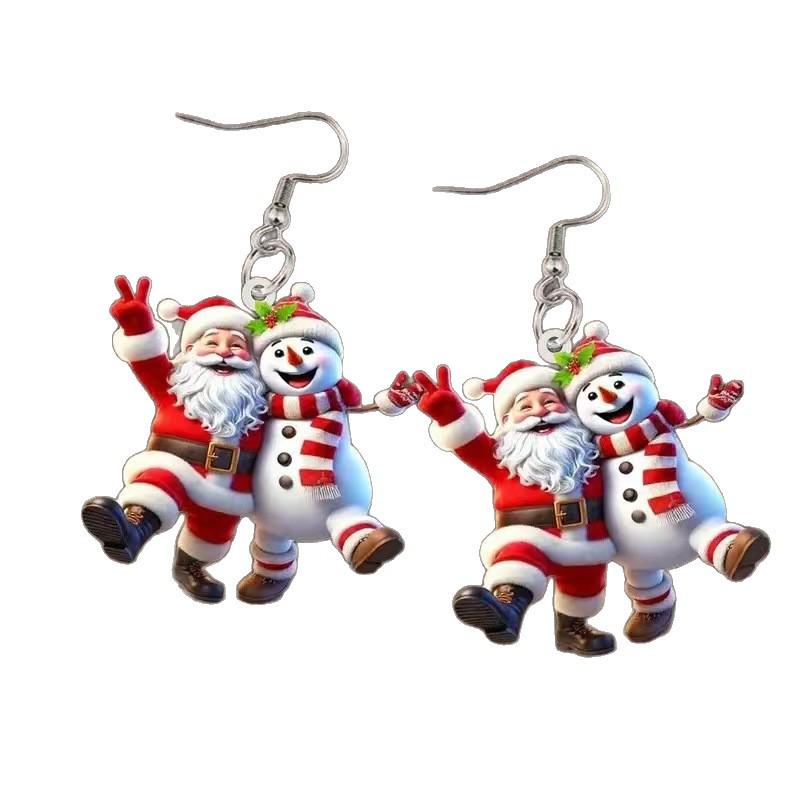 Santa Claus & Snowman Cartoon Earrings - Fun Holiday Acrylic Jewelry