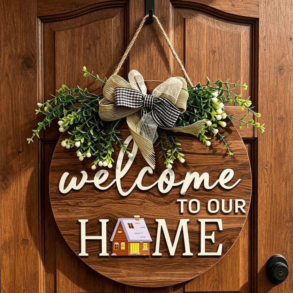 Warm Home 2D Round Welcome Sign 2D Flat Wall Sign New Hanging Wooden Board Front Door Decor