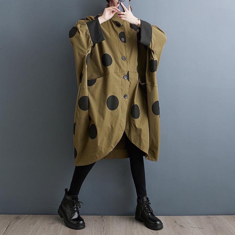 

GMXIA Autumn Collection Features A Loose, Retro Stand-up Collar Bat-shaped Polka Dot Print Casual Trench Coat one size армия зеленый