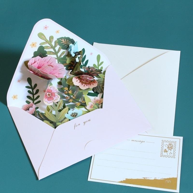 Romantic 3D Pop-up Flower Greeting Cards Birthday Christmas Postcard with Envelope Paper Cards Set for Wedding Party Decor Gifts
