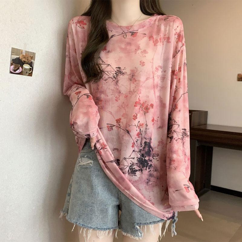 Chinese Style Ink Painting T-shirt Summer Thin Long Sleeve Women's Vintage Casual Loose Fashion Round Neck Pullovers