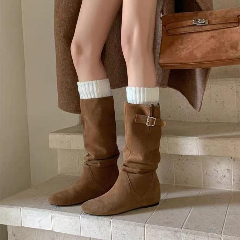 Fashion Medium Boots Women Winter Retro Inner Heightening Folds Piled Shoe Round Head Low Heel Belt Buckle Knight Boots Long Shoes Women
