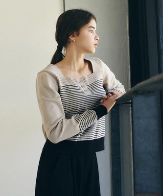 ADAUL Striped Coloring Three-Button Square Neck Knit - Beige