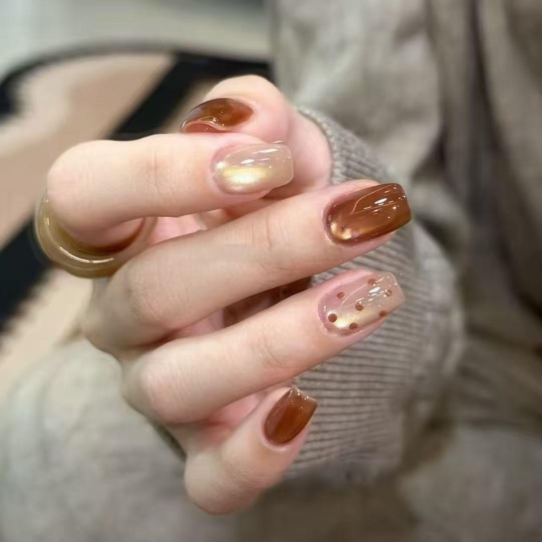 Handmade Caramel Cat Eye Nails with Gold Polka Dot Glass Beads Small
