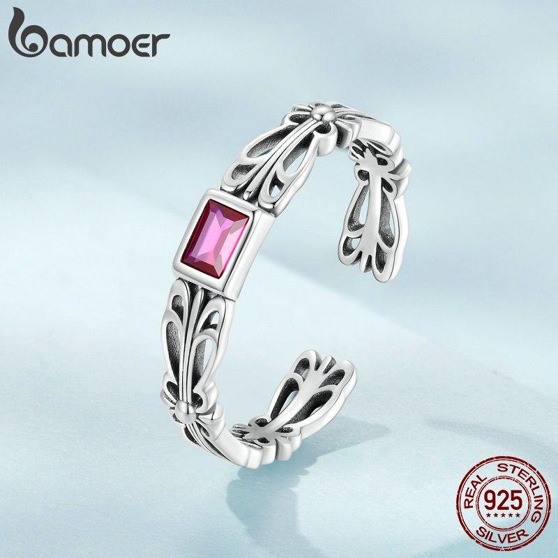 

BAMOER, стерлинговое серебро 925 пробы, винтажное открытое кольцо с красным цирконием, европейское ретро-кольцо для женщин, подарок на день рождения, изысканные ювелирные изделия 925 silver